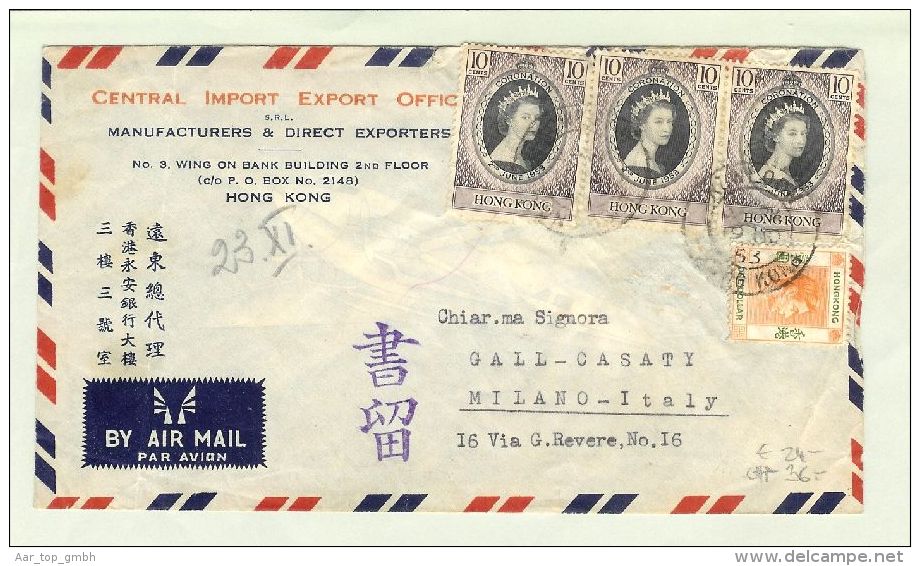 Hongkong 1953-10-19 Luftpost.Brief Nach Mailand $ 1.30 - Lettres & Documents