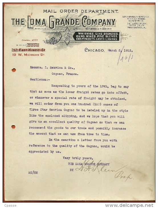 Courrier Commerce Cognac SAUVION 1912 The LOMA GRANDE Company CHICAGO Alcool Avant Prohibition JUDAICA * 16 - Verenigde Staten