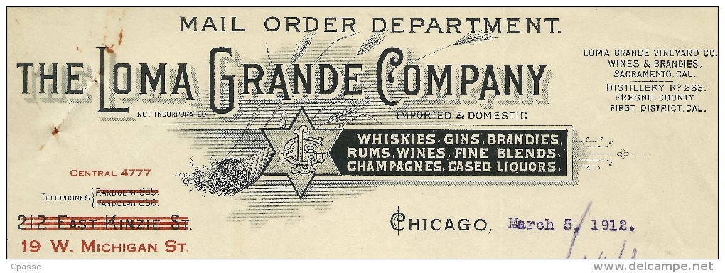 Courrier Commerce Cognac SAUVION 1912 The LOMA GRANDE Company CHICAGO Alcool Avant Prohibition JUDAICA * 16 - Verenigde Staten