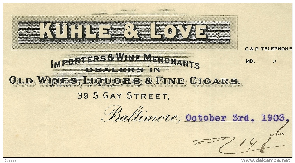 Courrier Commerce Cognac SAUVION 1903 KÜHLE & LOVE - BALTIMORE Import Alcool Avant Prohibition * 16 - United States