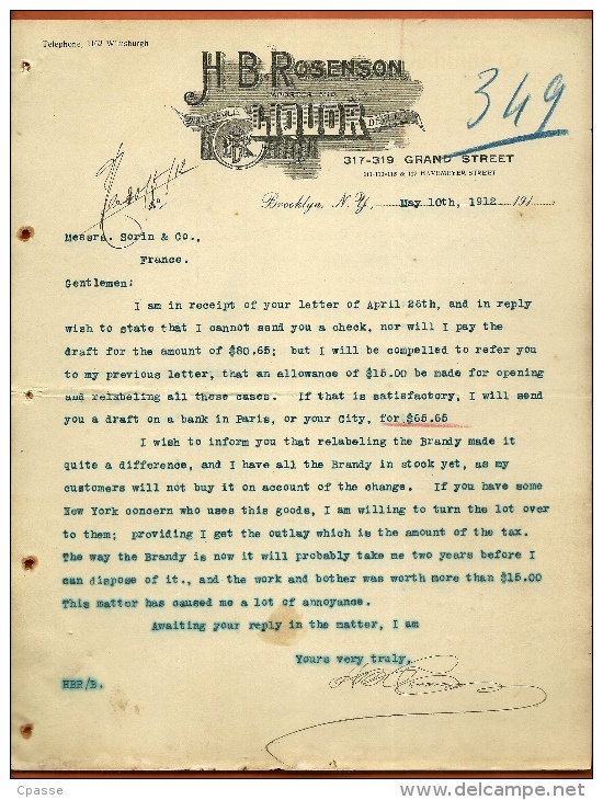 Courrier Commerce Cognac SORIN 1912 H. B. ROSENSON Brooklyn -  Import Alcool Avant Prohibition * 16 - Verenigde Staten