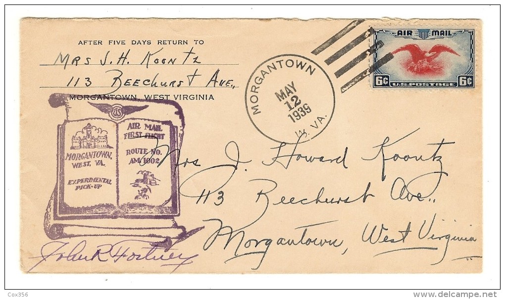 ENVELOPPE  MARCOPHILIE MORGANTOWN WEST VIRGINIA , Tampon : MORGANTOWN MAY 12 . 1939 W.VA AIR MAIL - Morgantown