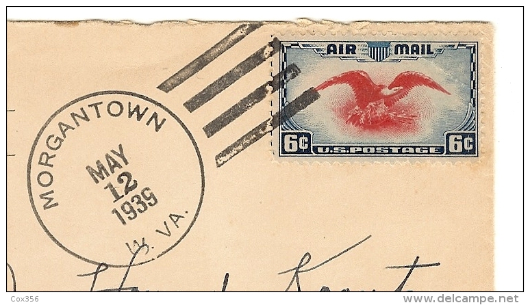 ENVELOPPE  MARCOPHILIE MORGANTOWN WEST VIRGINIA , Tampon : MORGANTOWN MAY 12 . 1939 W.VA AIR MAIL - Morgantown