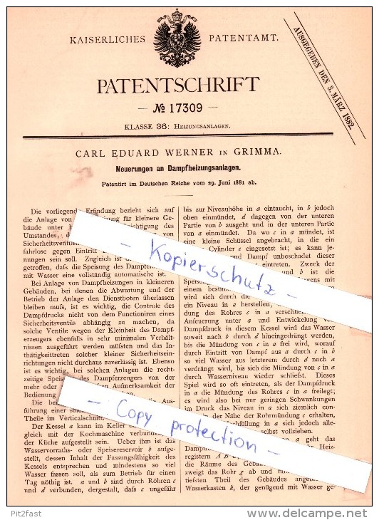 Original Patent -  Carl Eduard Werner In Grimma , 1881 , Dampfheizungsanlagen !!! - Grimma