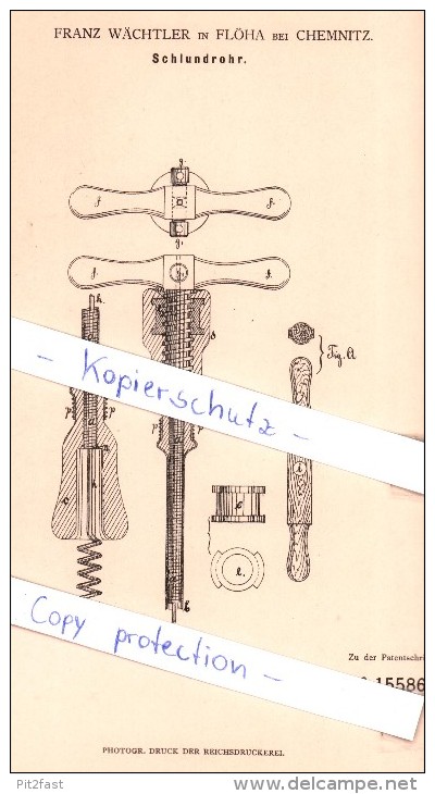 Original Patent - Franz Wächtler In Flöha Bei Chemnitz , 1880 ,  Schlundrohr !!! - Floeha