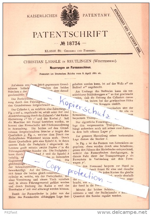 Original Patent - Christian Laissle In Reutlingen , Württemberg , 1881 , Formmaschinen !!! - Reutlingen