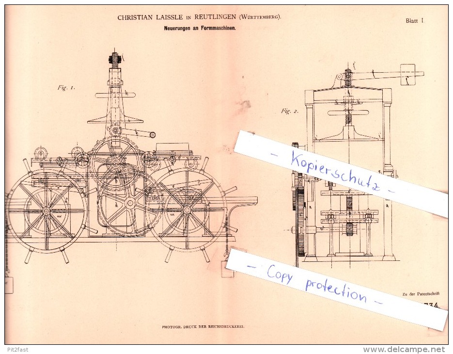 Original Patent - Christian Laissle In Reutlingen , Württemberg , 1881 , Formmaschinen !!! - Reutlingen