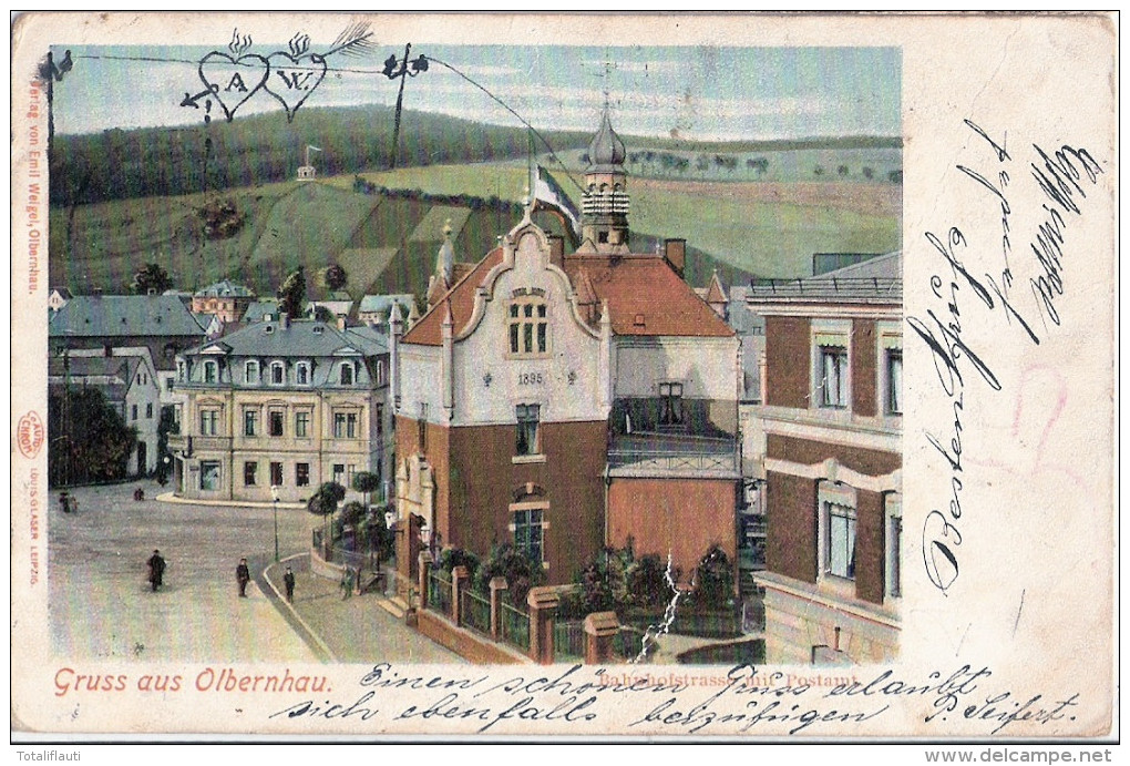 Gruss Aus OLBERNHAU Erzgebirge Bahnhofstrasse Mit Postamt 6.11.1901 Gelaufen - Olbernhau