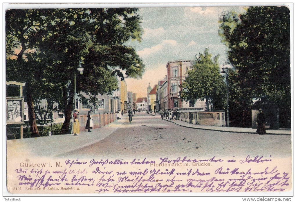 GÜSTROW Pferdemarkt M Brücke Belebt Radfahrer 18.7.1906 Gelaufen Verlag Reinicke & Rubin - Guestrow