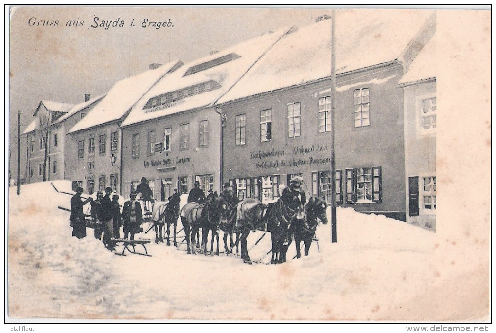 Gruss Aus SAYDA Im Erzgebirge Winter Hoher Schnee 6 Spänniger Schlitten Ungelaufen - Flöha