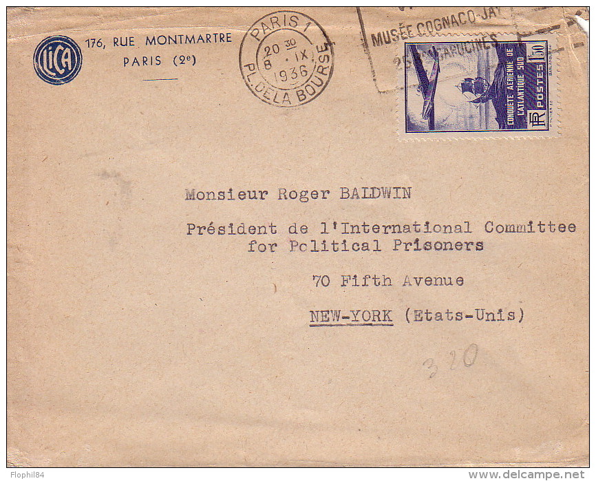 PARIS 1 - 8-9-1936 - N°320 SEUL SUR LETTRE POUR NEW-YORK . - 1921-1960: Modern Period