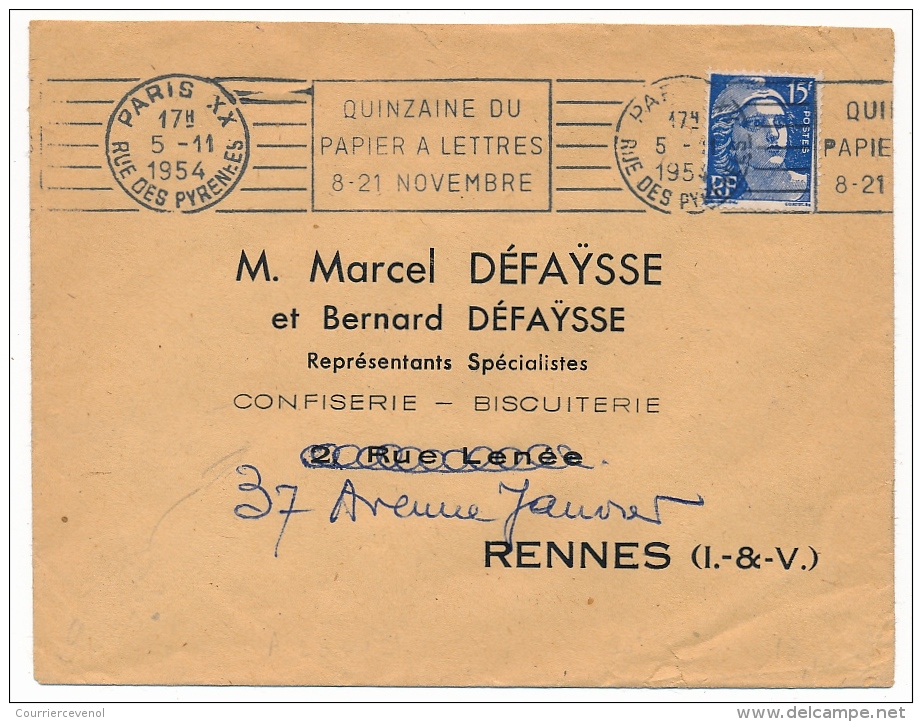 Enveloppe - OMEC De Paris XX Rue Des Pyrénées - "Quinzaine Du Papier à Lettres 8-21 Novembre" 1954 - Oblitérations Mécaniques (flammes)