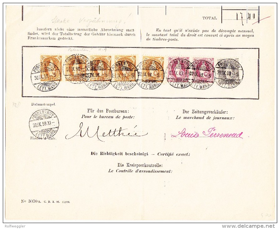 Schweiz Bordereau Postverwaltung Porrentruy 30.9.1898 Mit  6 X 3Fr, 2 X 1Fr. Und 40Rp. Stehende Helvetia - Lettres & Documents