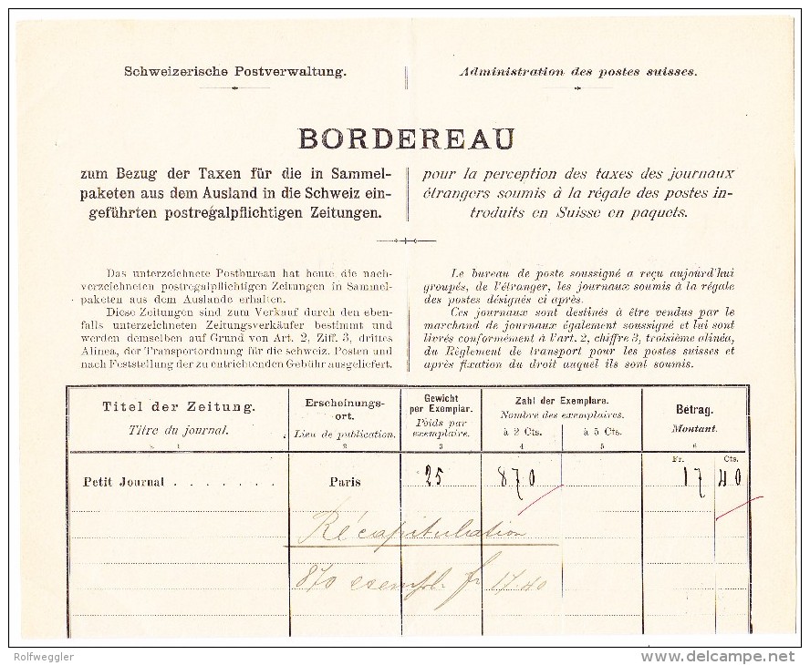 Schweiz Bordereau Postverwaltung Porrentruy 30.9.1898 Mit  6 X 3Fr, 2 X 1Fr. Und 40Rp. Stehende Helvetia - Lettres & Documents