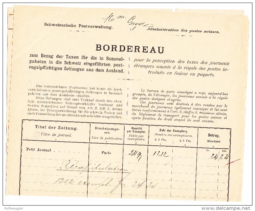 Schweiz Bordereau Postverwaltung Neuchatel 1.4.1898 Mit  8 X 3Fr Stehende Helvetia 2 Je WZ 10Rp. U. 2 Rp. - Lettres & Documents