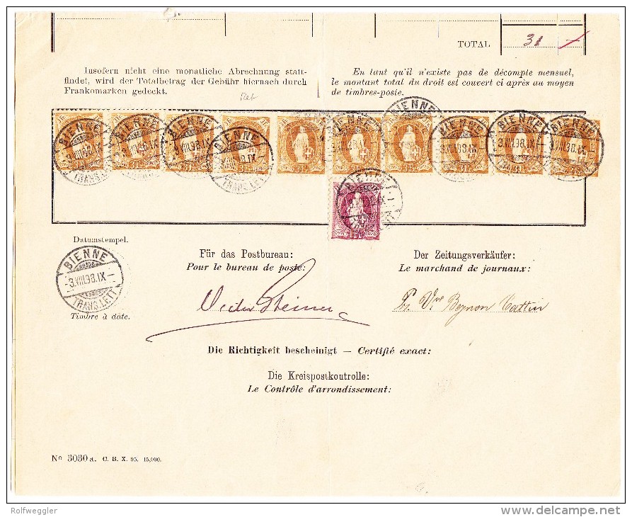 Schweiz Bordereau Postverwaltung Bienne 3.8.1898 Mit  10 X 3Fr + 1Fr. Stehende Helvetia - Lettres & Documents