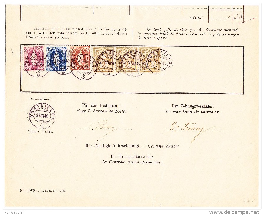 Schweiz Bordereau Postverwaltung Cortaillod 31.3.1898 Mit  Je 1Fr. 50 Und 30 Rp. Stehende Helvetia + 3 X 2Rp WZ - Briefe U. Dokumente