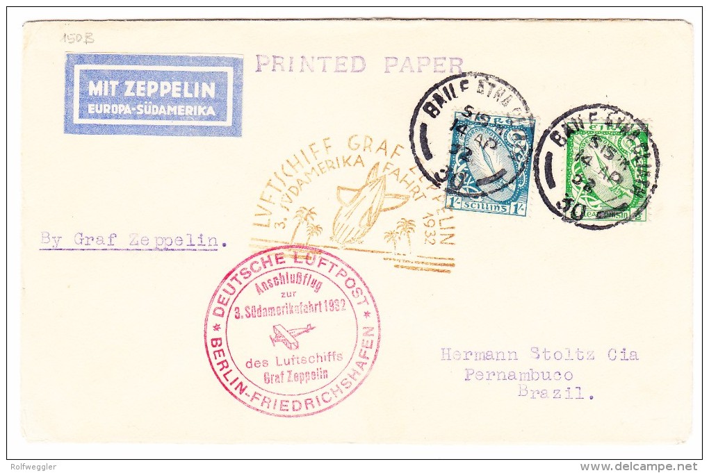 Irland - Zeppelin Südamerikafahrt 1932 LZ127 Brief Von Dublin 14.4.1932 Nach Pernambuco Via Berlin-Friedrichshafen - Aéreo