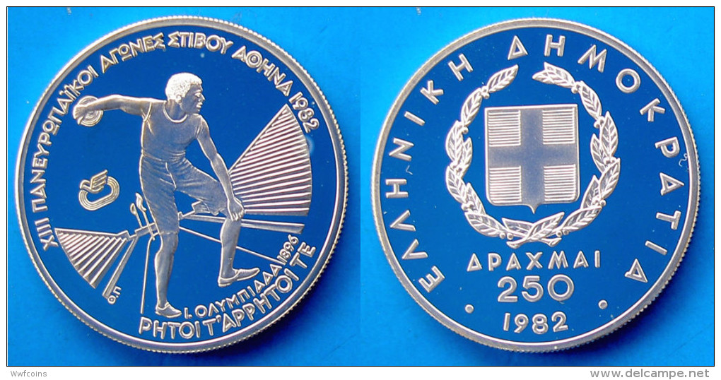 GREECE 250 A 1982 ARGENTO PROOF SILVER PANEUROPEAN GAMES ANCIENT OLYMPIC DISCO PESO 14,44g TITOLO 0,900 CONSERVAZIONE FO - Grecia