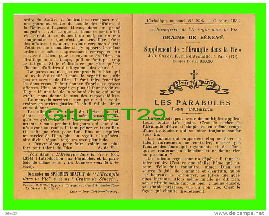 IMAGES RELIGIEUSES - JÉSUS & MARIE, LES PARABOLES, LES TALENTS - No 858, 1934 - 4 PAGES - - Images Religieuses