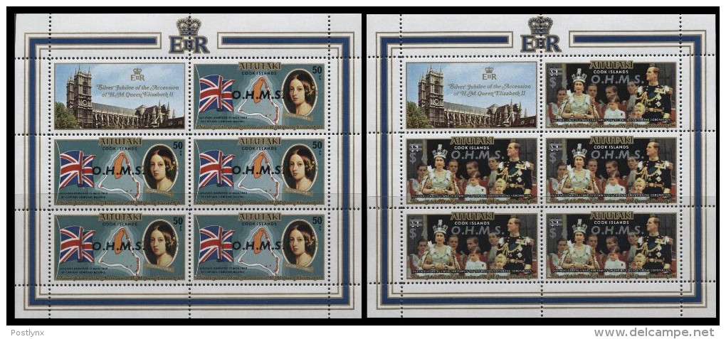 CV:€38.50 BULK: 2 X AITUTAKI 1977 Flag Island Castle Silver Jubilee 50c/$4 OVPT:OHMS Sheetlets:2 (2x5 Stamps) - Aitutaki