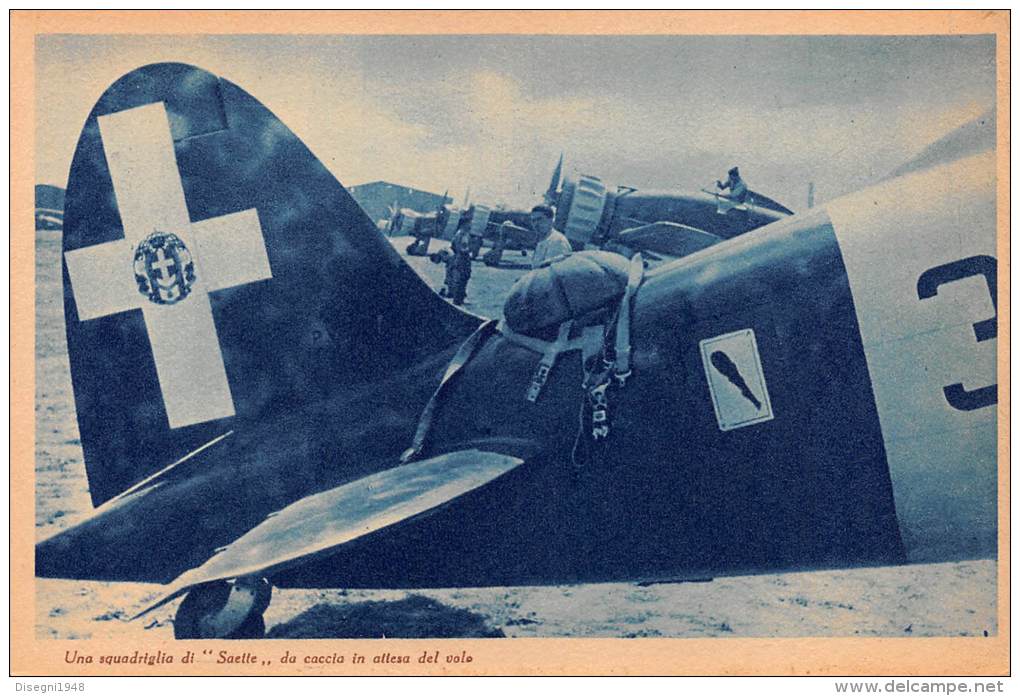 03323 "R. AERONAUTICA - UNA SQUADRIGLIA DI SAETTE DA CACCIA IN ATTESA DEL VOLO" II GUERRA MOND. ILLUSTR. ORIG. - Aviation