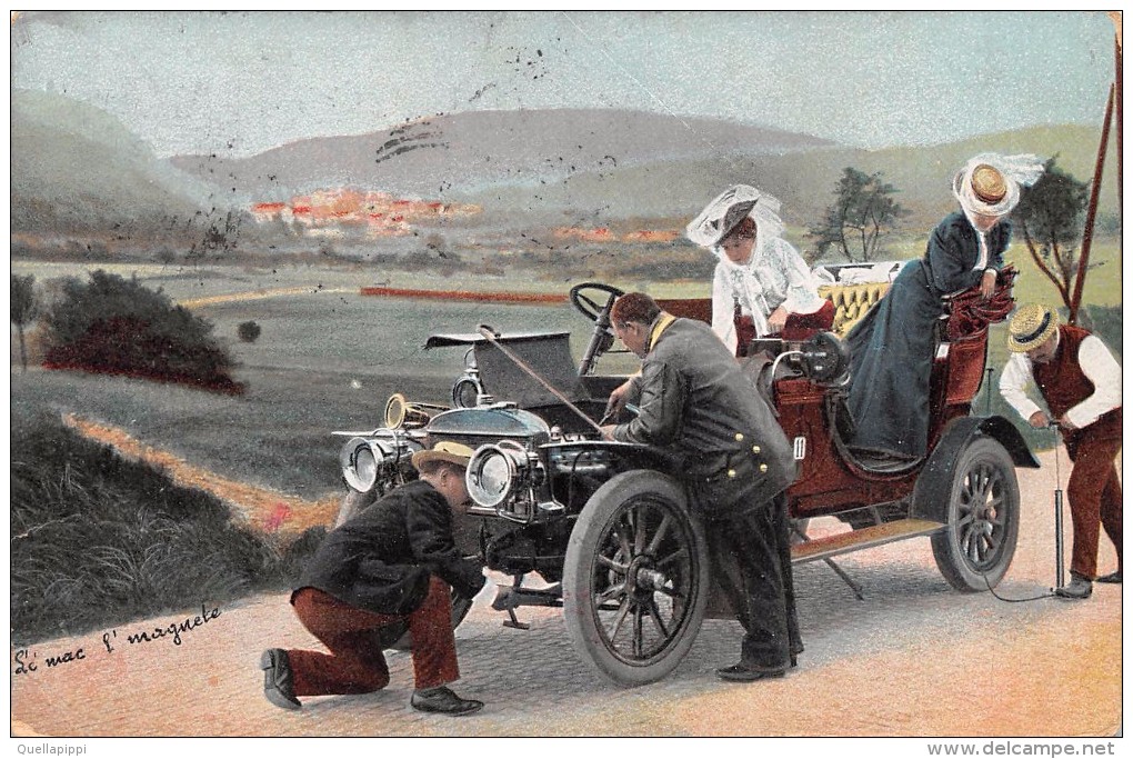 01395 "AUTO PRIMI '900 - SCENA UMORISTICA" ANIMATA. TIMBRO GRAND HOTEL MILAN SALSOMAGGIORE. CART. POST. SPEDITA 1908 - Passenger Cars