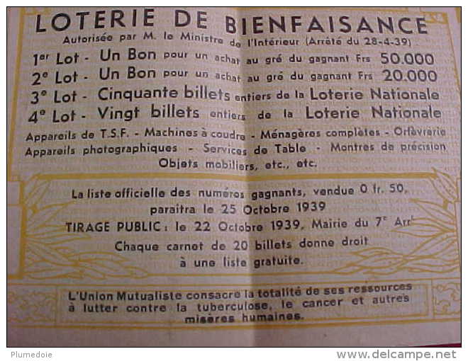 BILLET LOTERIE BIENFAISANCE FONCTIONNAIRES Des DOUANES 1939 Voir Détails   ** Achat Direct ** - Billets De Loterie