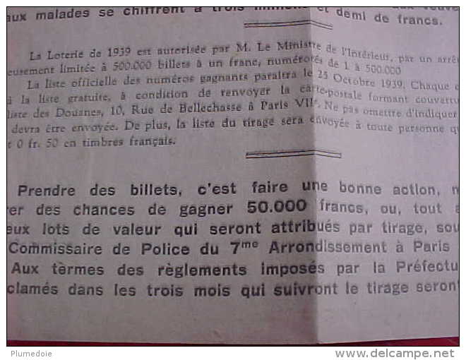 BILLET LOTERIE BIENFAISANCE FONCTIONNAIRES Des DOUANES 1939 Voir Détails   ** Achat Direct ** - Billets De Loterie