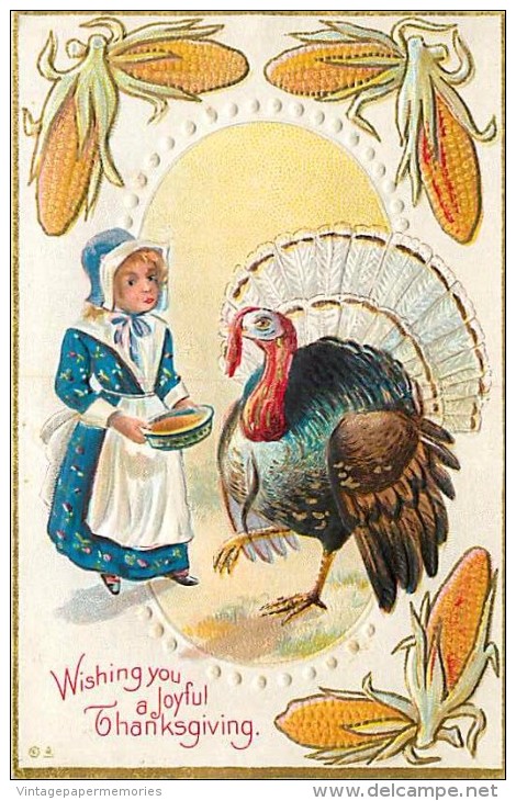 107789-Thanksgiving, Nash Series No 23-1, Pilgrim Girl Feeding Tom Turkey, Embossed Litho - Thanksgiving