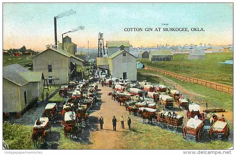 242257-Oklahoma, Muskogee, Cotton Gin, Farmers With Horse Drawn Delivery Wagons, Card No 11404 - Muskogee