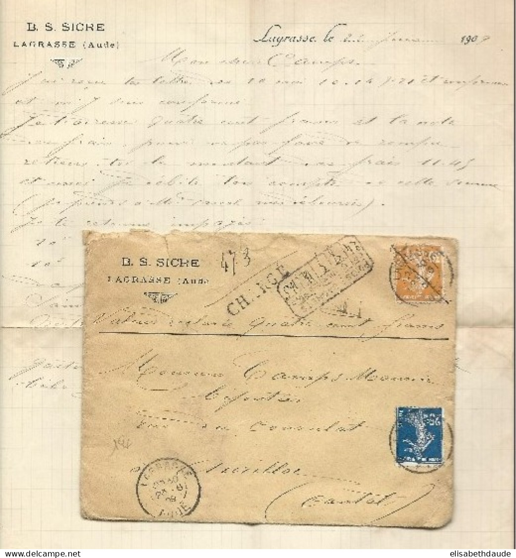 1909 - AUDE - LETTRE COMMERCIALE CHARGEE De LAGRASSE Pour AURILLAC - SEMEUSES - 1906-38 Sower - Cameo