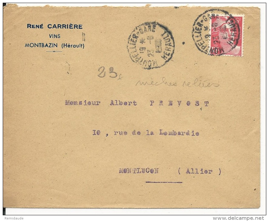 GANDON YVERT N°721A Ravec VARIETE "MECHES RELIEES"  SEUL SUR ENVELOPPE COMMERCIALE De MONTBAZIN (HERAULT) - Cartas & Documentos