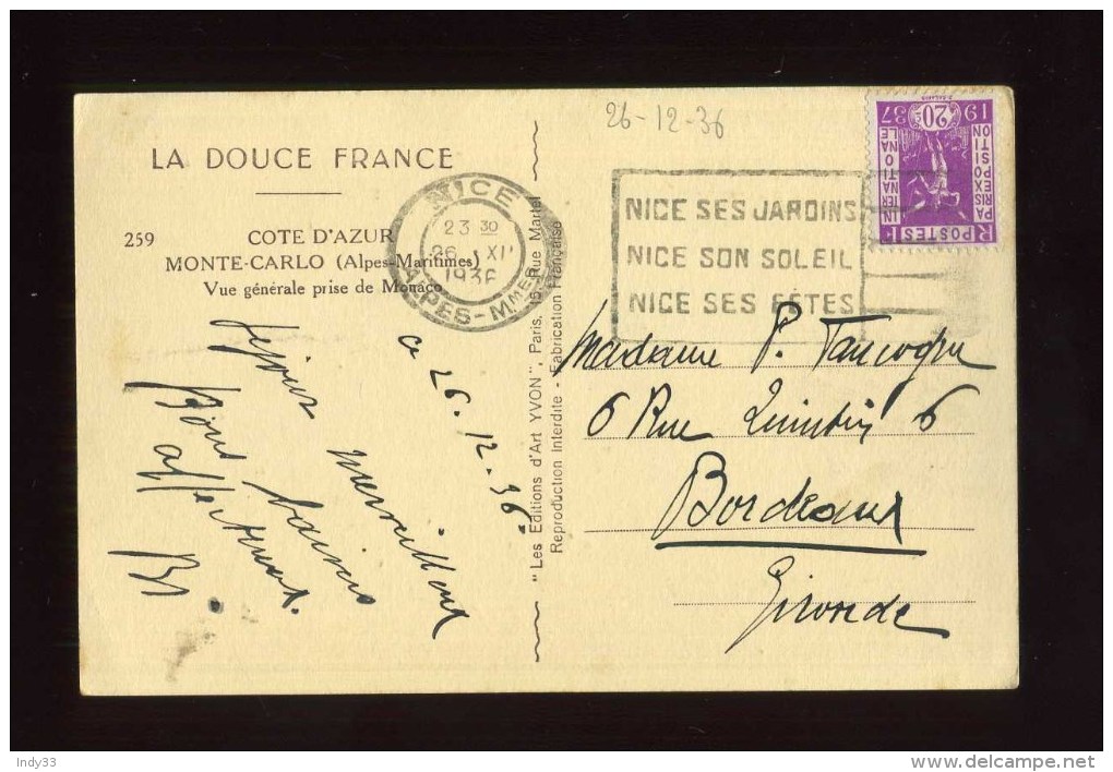 - FRANCE 1931/40 . AFFRANCHISSEMENT SIMPLE AVEC TIMBRE EXPO INTERNATIONALE N°322  Y&T. SUR CP DE 1936 . - Lettres & Documents