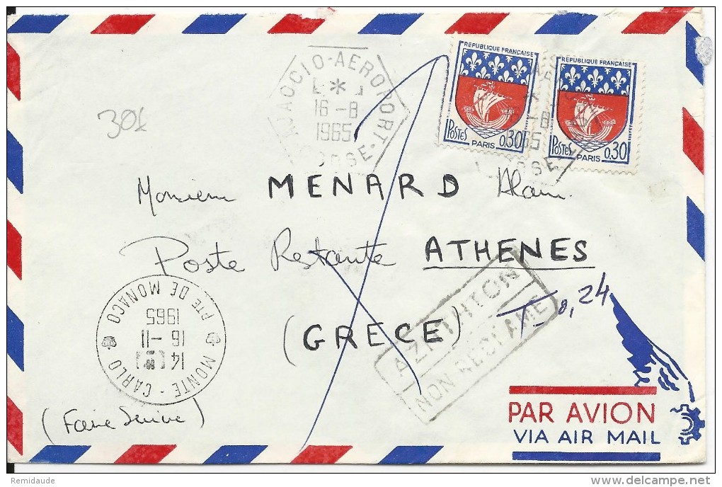 1965 - ENVELOPPE De AJACCIO AEROPORT (CORSE) Pour ATHENES POSTE RESTANTE (GRECE) Avec RETOUR Pour MONACO - 1961-....