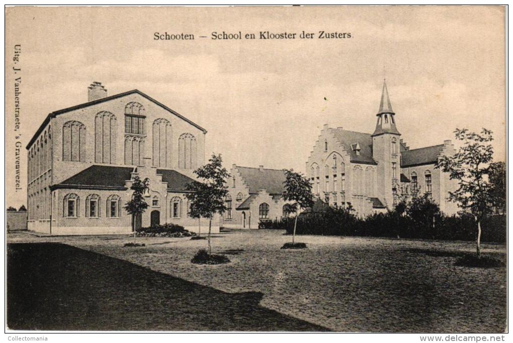 Schoten 2 Postkaarten,  School Klooster Ed. Vanherstraete, Schotenhof, Rond Punt (Mannekens)  SCHOOTEN, Zeer Goede Staat - Schoten