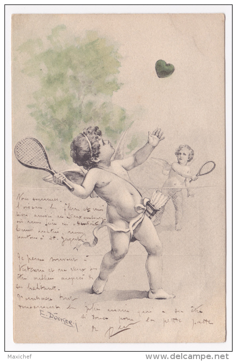 Carte Illustrée Par E Döcker - Les Anges Jouent Au Tennis Avec Un Coeur Comme Balle - Circulé 1909, Colorisée - Doecker, E.