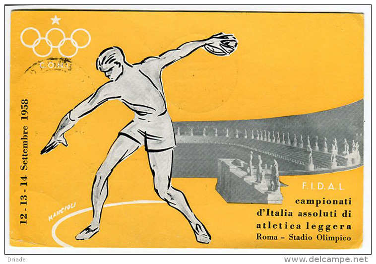 CARTOLINA ATLETICA LEGGERA LANCIO DEL DISCO CAMPIONATI D'ITALIA ROMA ANNO 1958  CON ANNULLO FILATELICO - Olympic Games