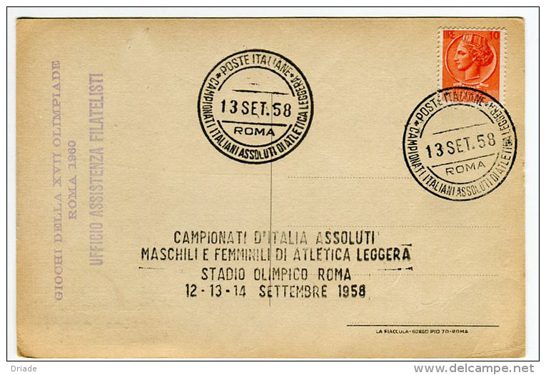 CARTOLINA ATLETICA LEGGERA LANCIO DEL DISCO CAMPIONATI D'ITALIA ROMA ANNO 1958  CON ANNULLO FILATELICO - Olympic Games