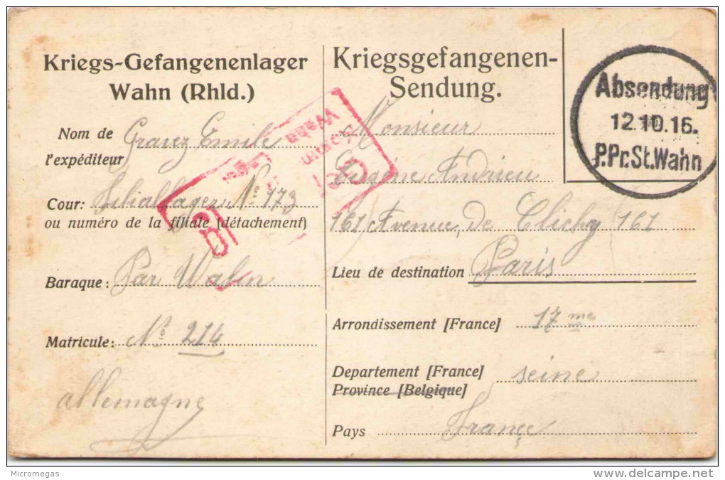 Kriegs-Gefangenenlager Wahn (Rhld.) - 1916 - Guerre 1914-18