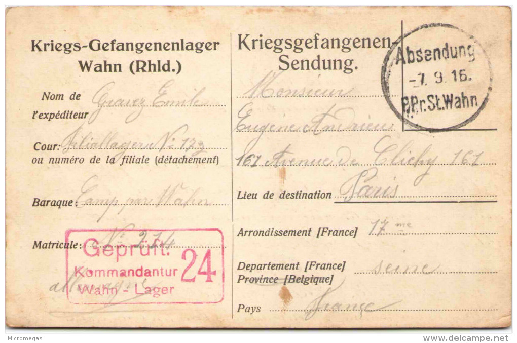 Kriegs-Gefangenenlager Wahn (Rhld.) - 1916 - Oorlog 1914-18