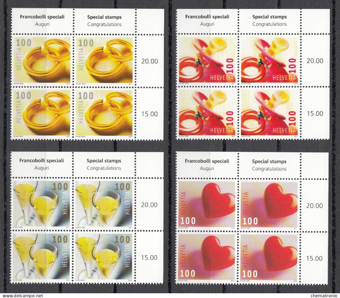 Suiza / Switzerland 2011 - Michel 2215-2218 - Blocks Of 4 (corner Of Sheet)  ** MNH - Unused Stamps