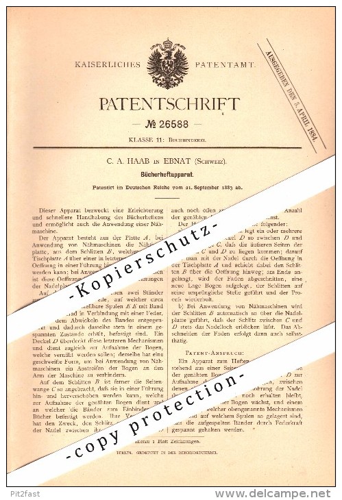 Original Patent - C.A. Haab In Ebnat , Schweiz , 1883 , Bücher-Heftapparat , Buchbinderei , Ebnat-Kappel !!! - Ebnat-Kappel