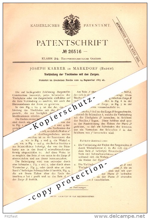 Original Patent - Joseph Karrer In Markdorf , Baden , 1883 , Tischbeine Und Zargen , Tischlerei , Schreiner , Möbel !!! - Markdorf