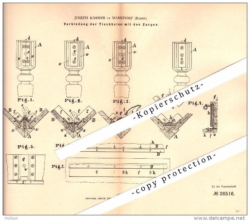 Original Patent - Joseph Karrer In Markdorf , Baden , 1883 , Tischbeine Und Zargen , Tischlerei , Schreiner , Möbel !!! - Markdorf