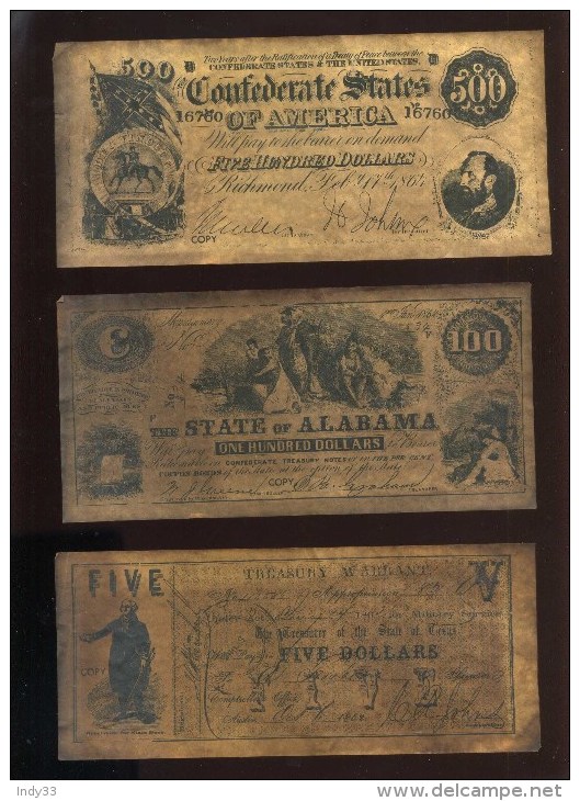 - LOT DE 6 FAC SIMILES DE BILLETS CONFEDERES . - Fiktive & Specimen