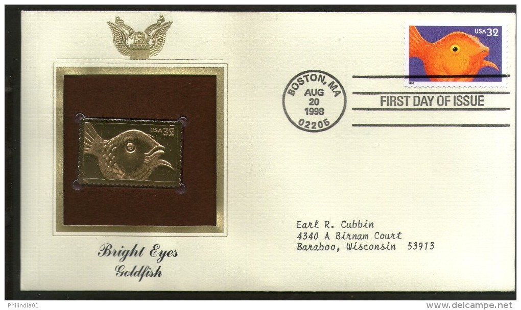 USA 1998 Bright Eyes Gold Fish Marine Life Gold Replicas Cover Sc 3231 # 218 - Vita Acquatica