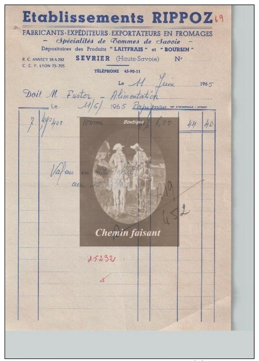 Document Du 11/06/1965 RIPPOZ Fromages - Sevrier - 74 Haute-Savoie - Alimentare