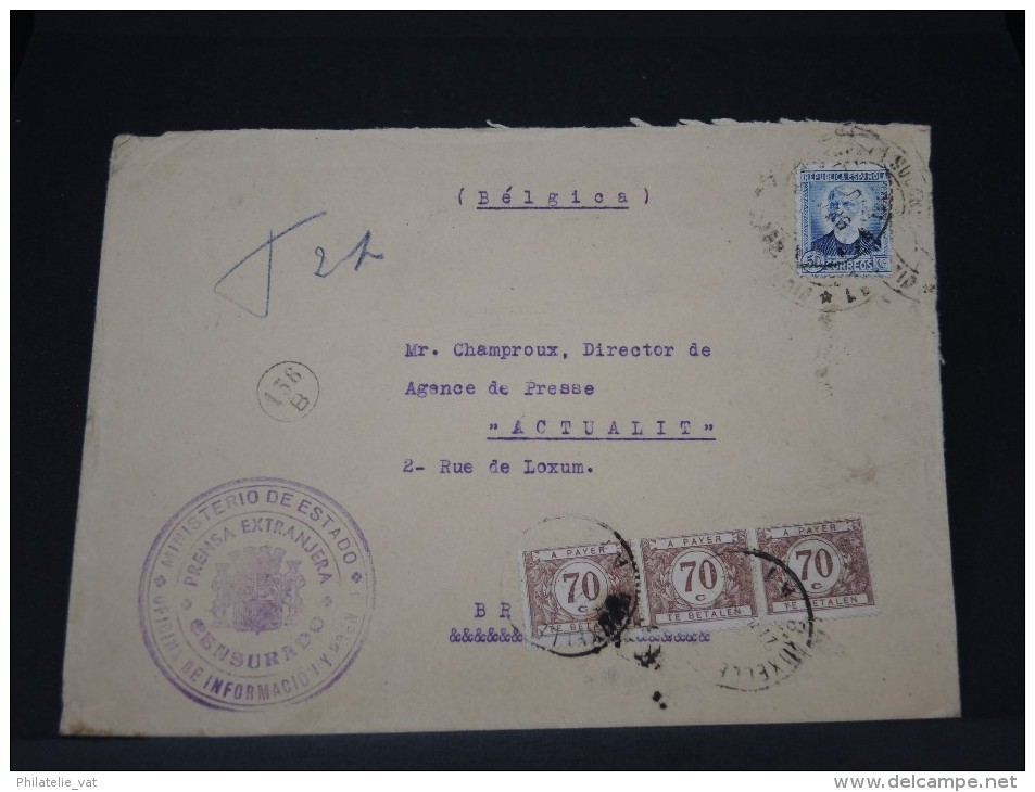 ESPAGNE - ENVELOPPE  DE MADRID AVEC CENSURE POUR LA BELGIQUE TAXEE   EN  1936  A ETUDIER A VOIR  LOT P3469 - Nationalistische Censuur