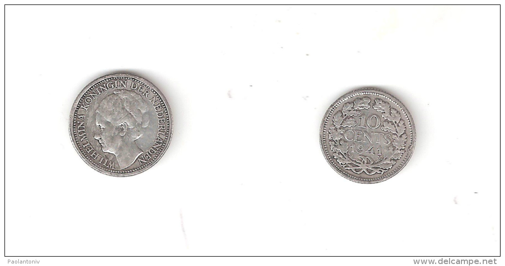 C 146003) OLANDA NEDERLAND 10 CENTS 1941 MB WILHELMINA ARGENTO - Monete D'Oro E D'Argento